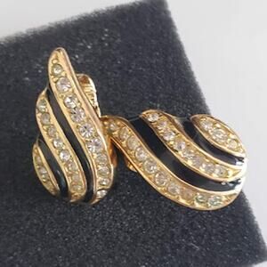 Christian Dior Black Enamel Crystal Gold Diamante Shell Clip On‎ Earrings 80's